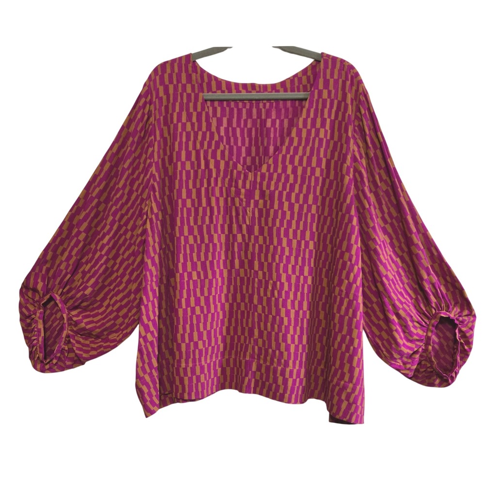 Artsy Chic OOAK Magenta Ochre Geometric Print V-Neck Balloon Sleeve Blouse 2X